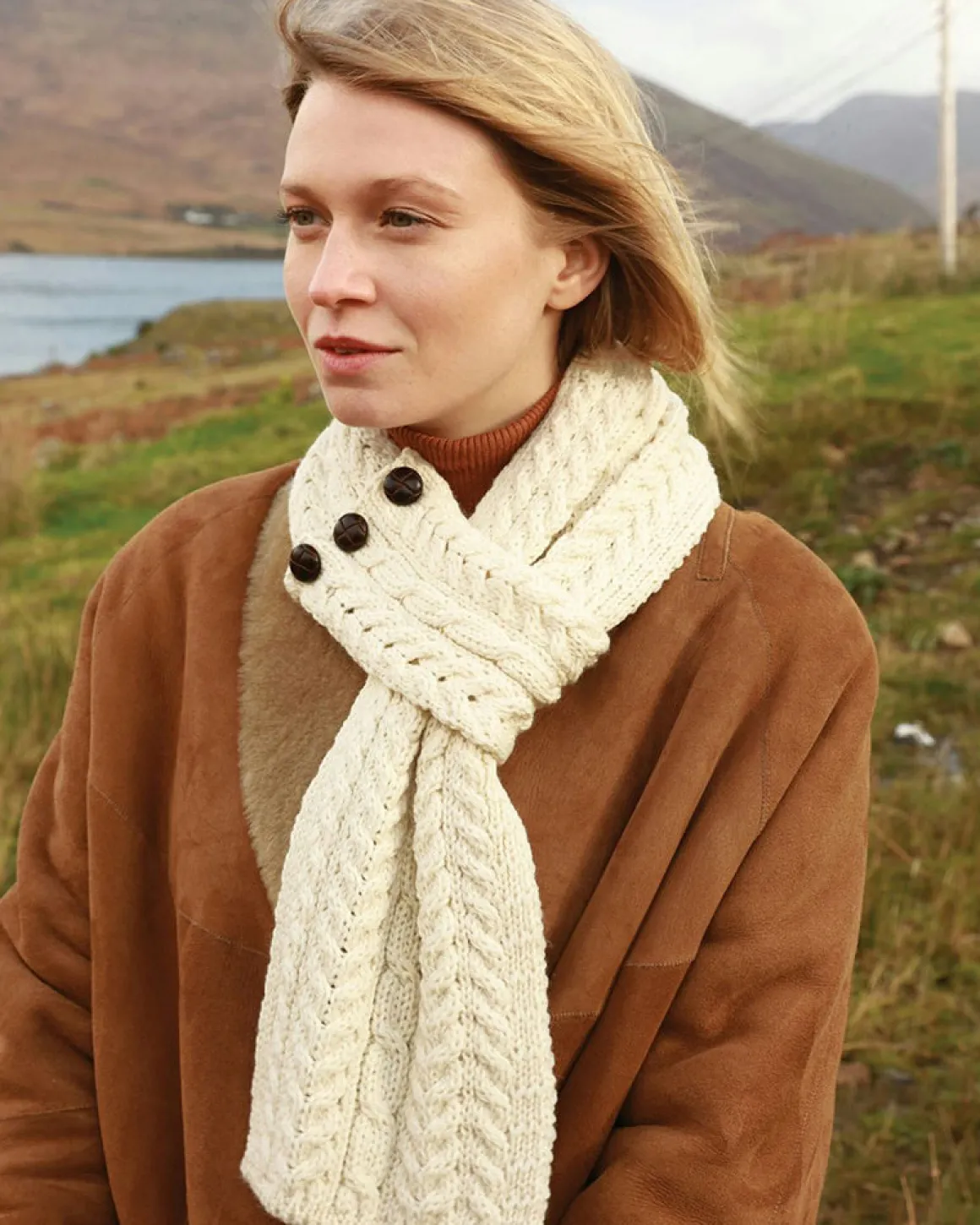 Aran Button Looped Scarf , Natural