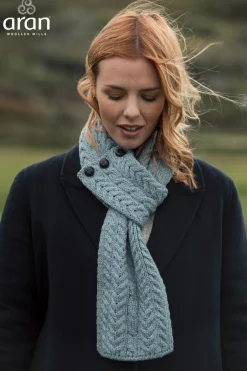 Aran Button Looped Scarf , Mist Marl Blue