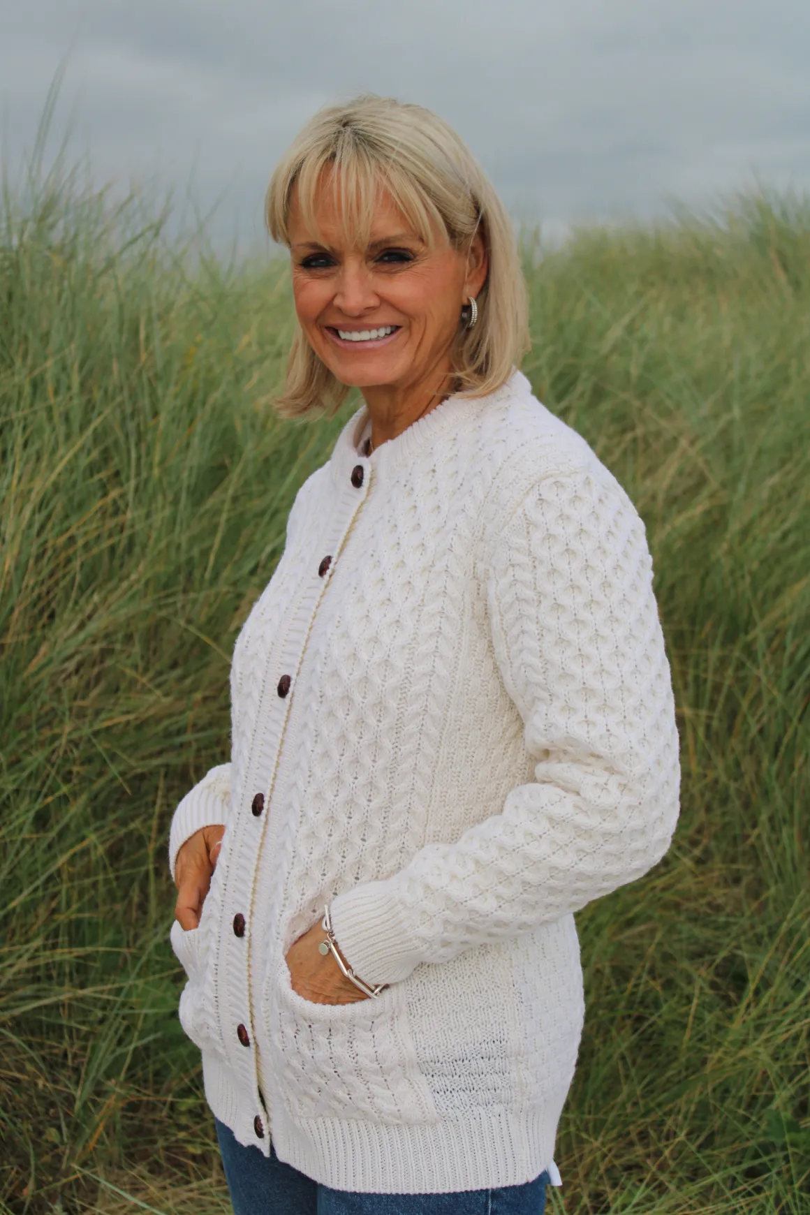 Aran Cable Knit Lumber Cardigan - Natural