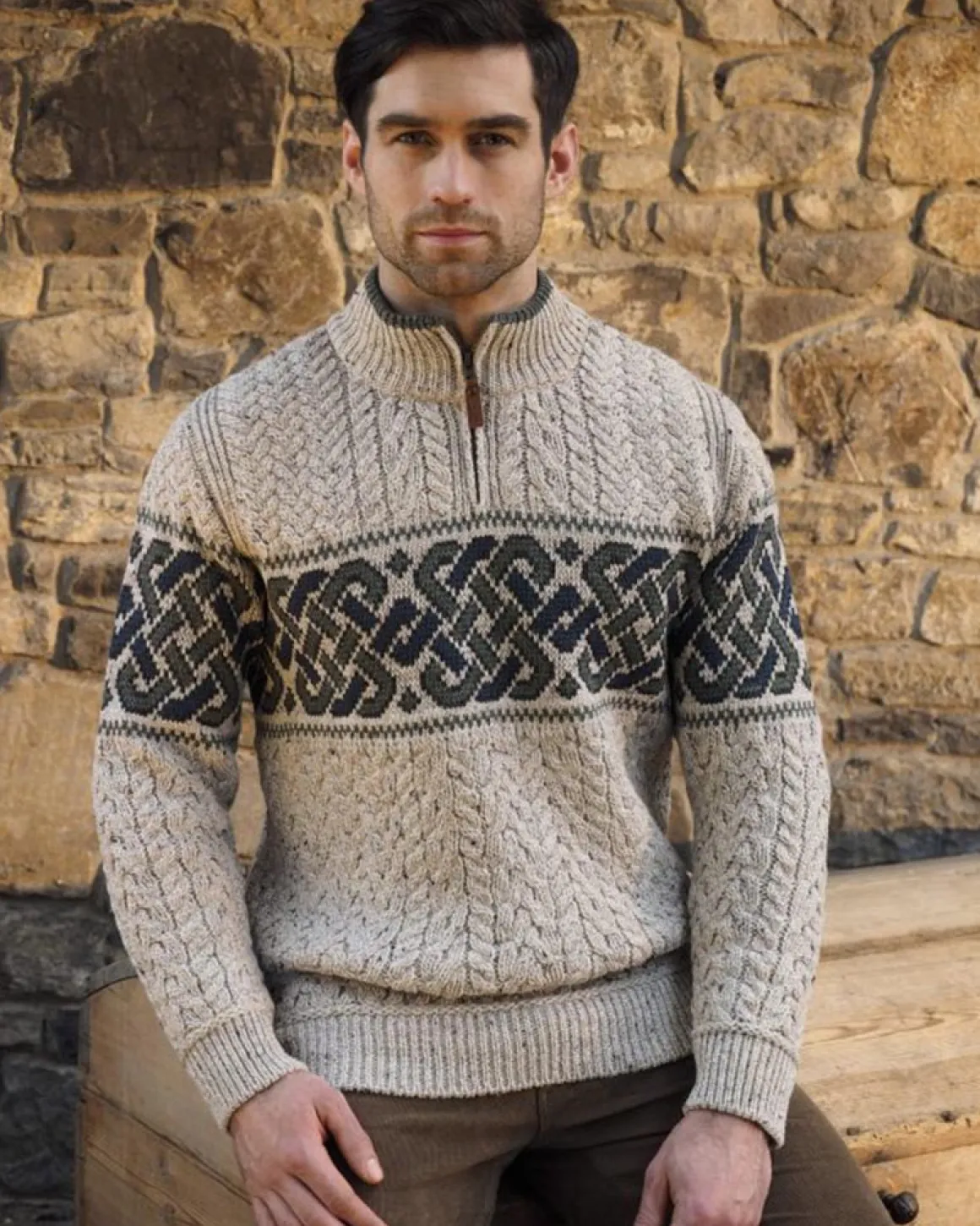 Aran Celtic Jacquard Half Zip Sweater , Oatmeal