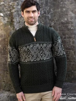 Aran Celtic Jacquard Half Zip Sweater , Army Green