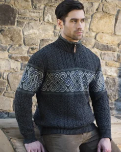 Aran Celtic Jacquard Half Zip Sweater , Charcoal