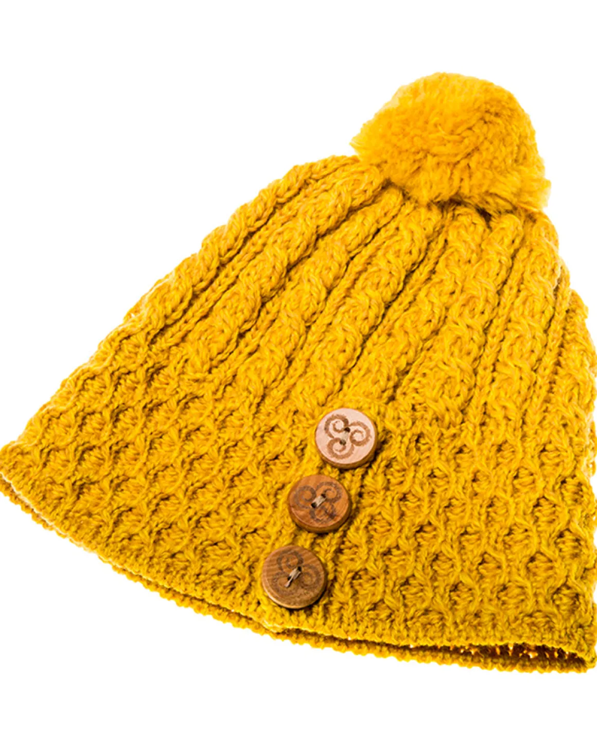Aran Merino Wool Hat with 3 Buttons , Sun Yellow