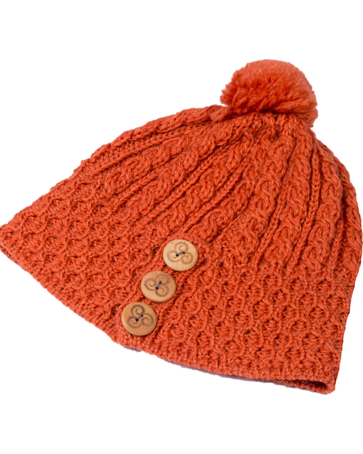 Aran Merino Wool Hat with 3 Buttons , Autumn Leaves Orange