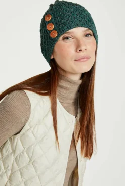 Aran Merino Wool Hat with 3 Buttons , Green