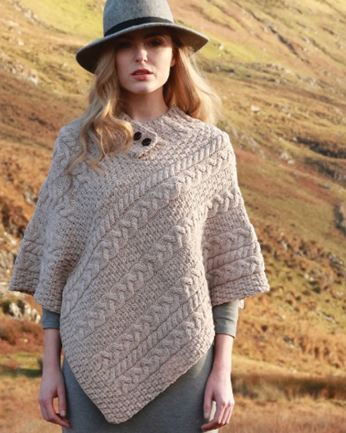 Aran Woollen Mills | 100% Merino Wool Button Poncho | Wicker A200