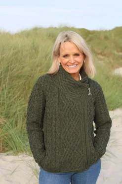 Cable Knit Cardigan With Side Zip , Army Green