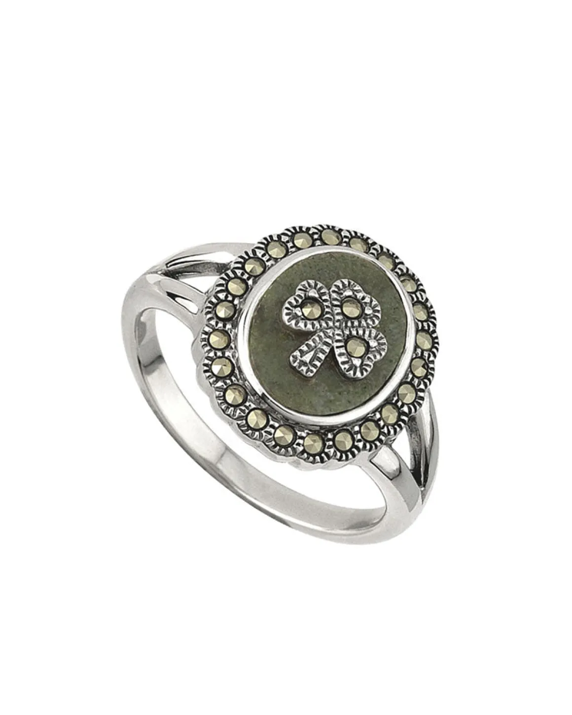 Connemara Marble Marcasite Shamrock Ring