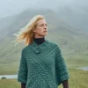 Easkey Ladies Merino Wool Aran Button Poncho - Connemara Green