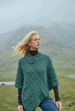 Easkey Ladies Merino Wool Aran Button Poncho - Connemara Green