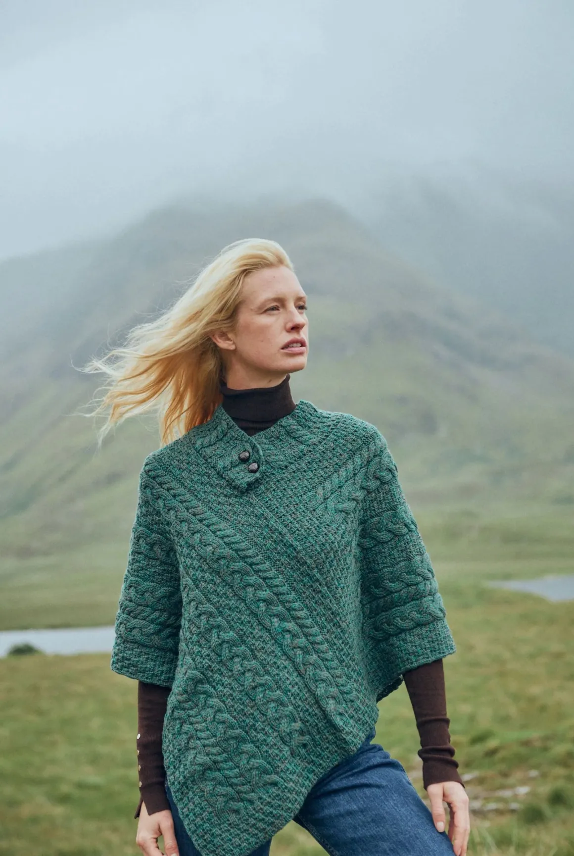 Easkey Ladies Merino Wool Aran Button Poncho - Connemara Green