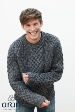 Handknit Crew Neck Aran Sweater , Charcoal