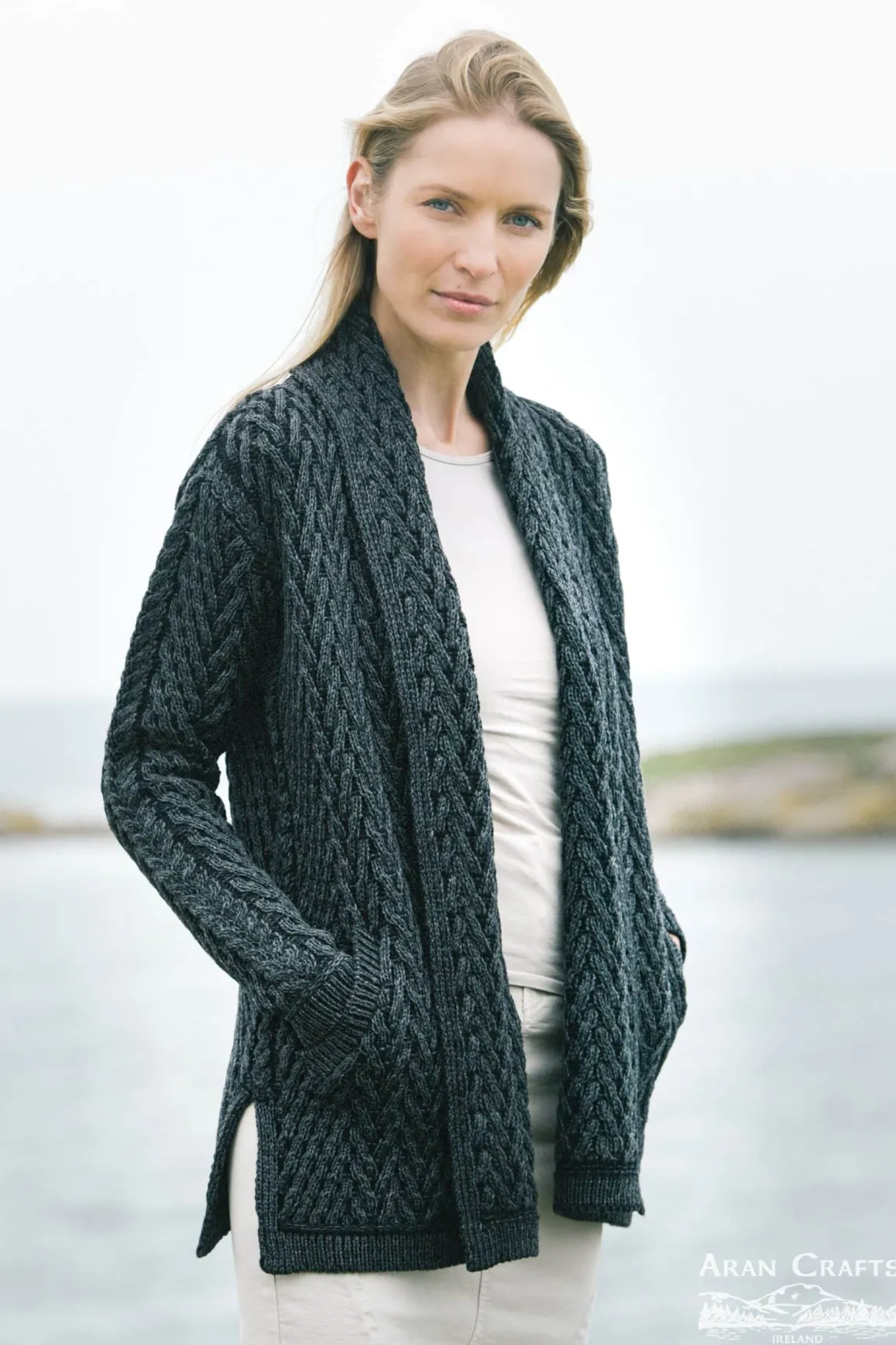 Herringbone Shawl Cardigan , Charcoal