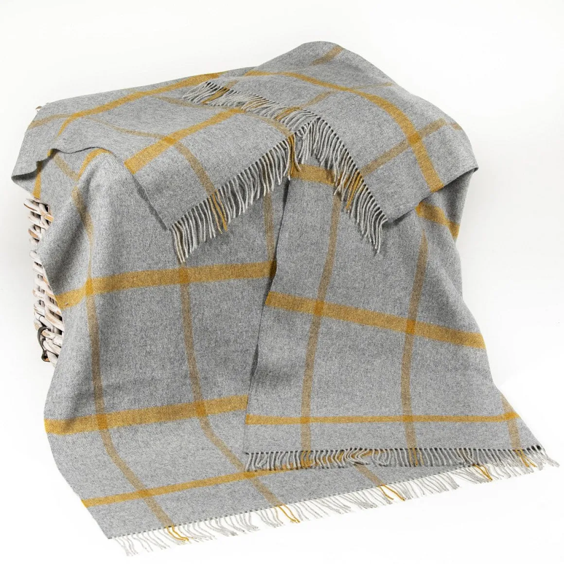 John Hanly Lambswool Check Throw , Grey and Mustard