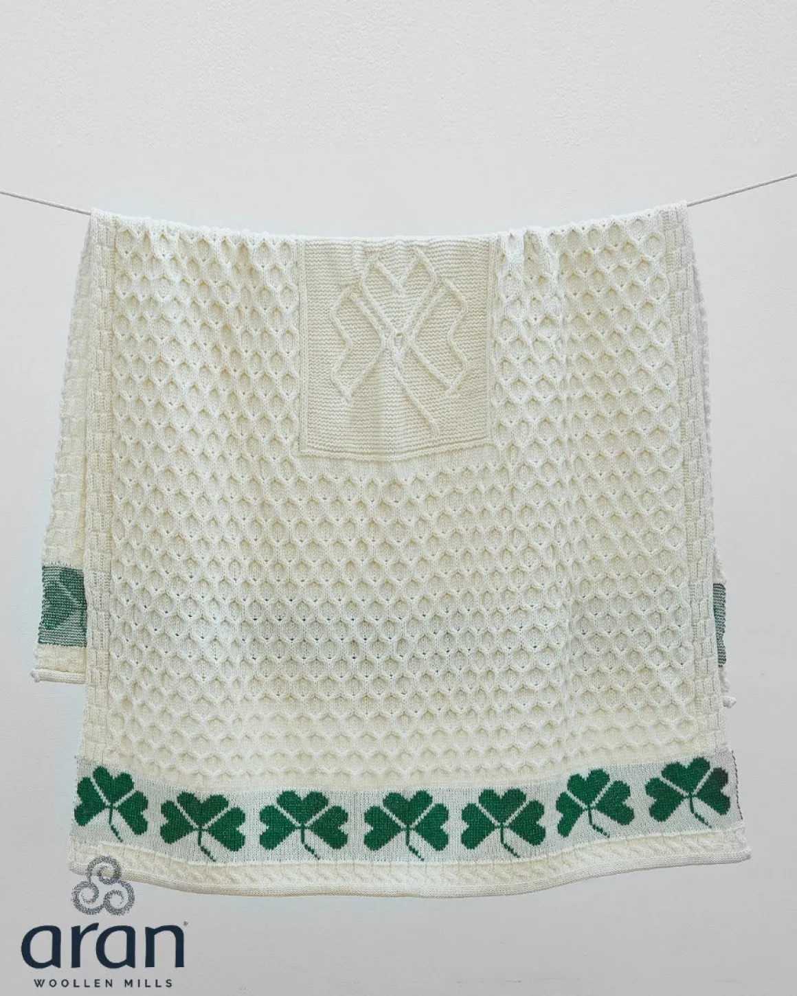 Large Aran Shamrock Wool Blanket , Natural