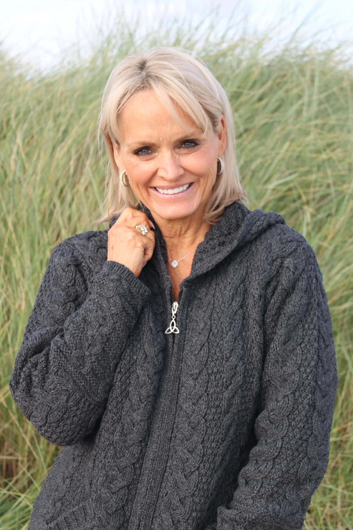 Long Hooded Zip Aran Cardigan , Charcoal