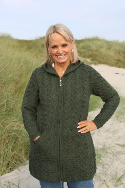Long Zip Aran Cardigan With Hood , Army Green