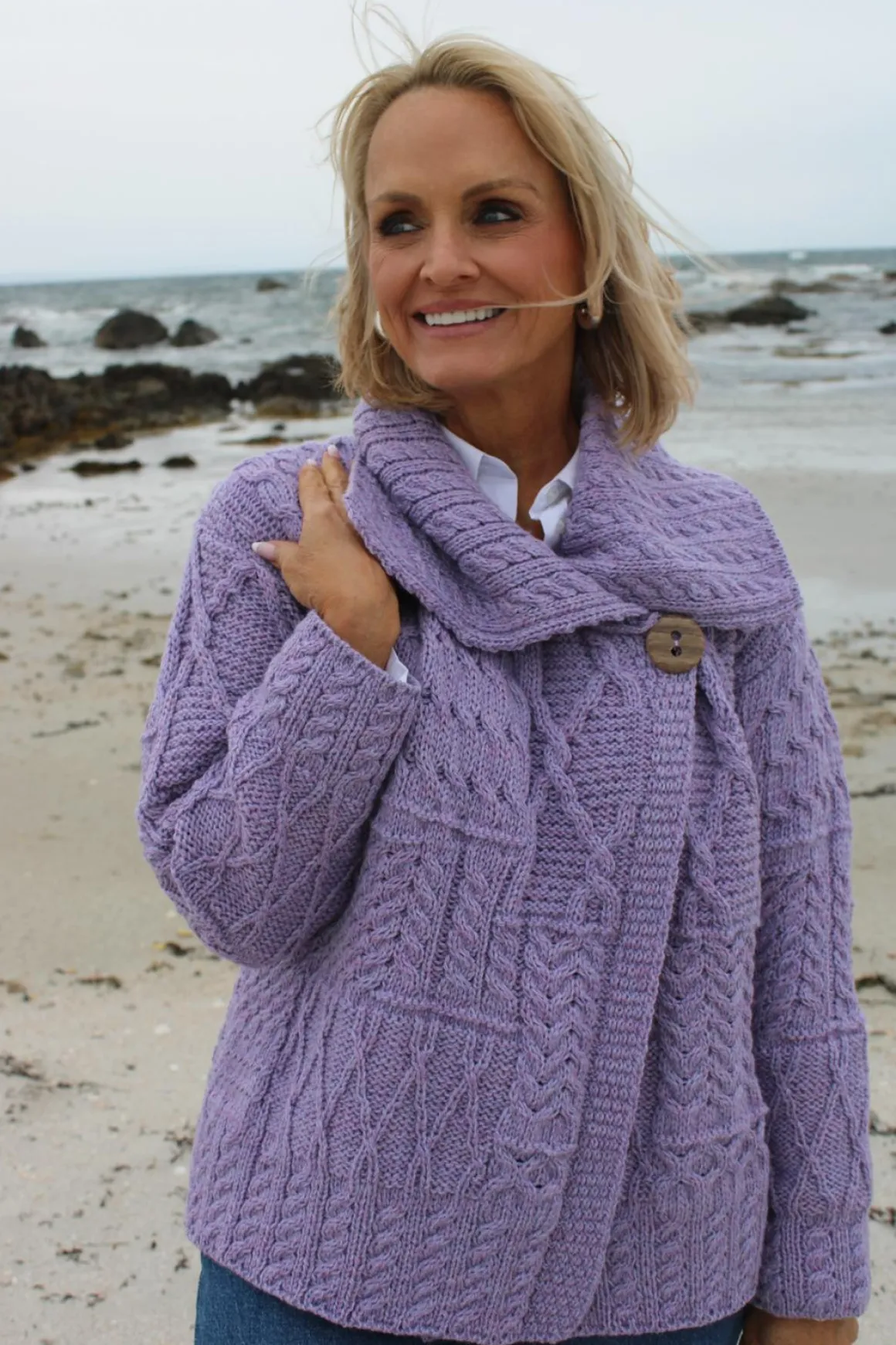 One-Button Cardigan with Draped Collar , Lavender