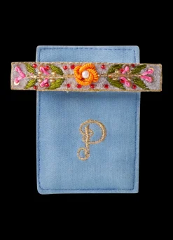 Powder Embroidered Barette , Denim Floral
