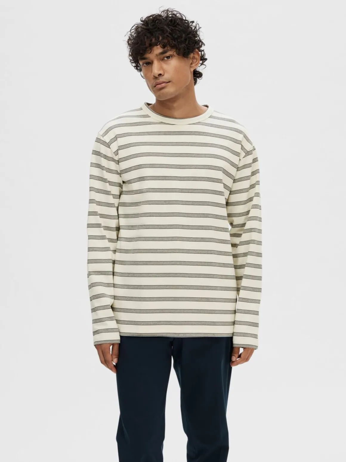 Selected Homme Shawn Stripe Crew , Egret