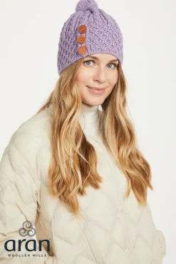 Shrule Merino Aran Hat with Pom Pom - Lavender
