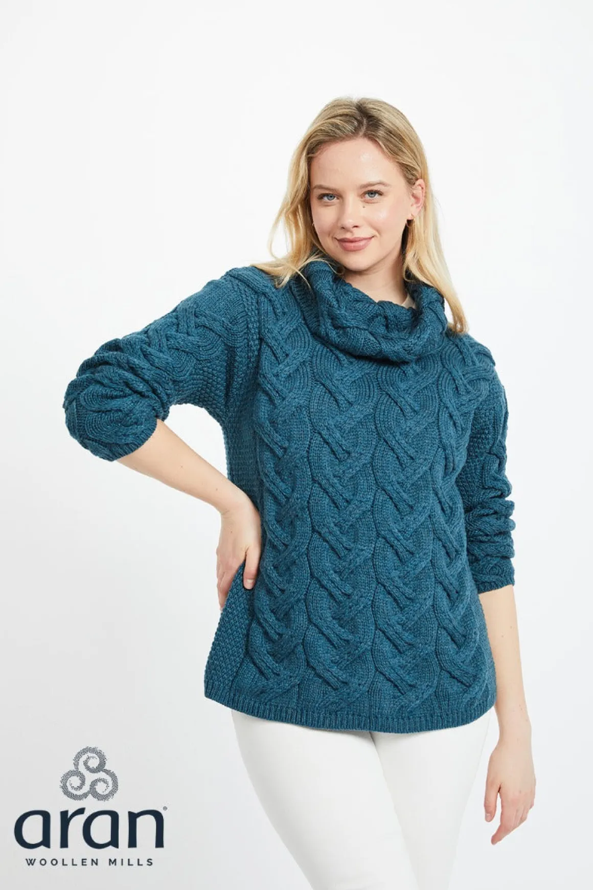 Supersoft Merino Wool Chunky Cowl Neck Sweater , Sea Blue