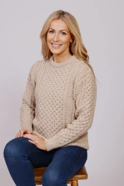 Traditional Aran Crew Neck Sweater - Camel