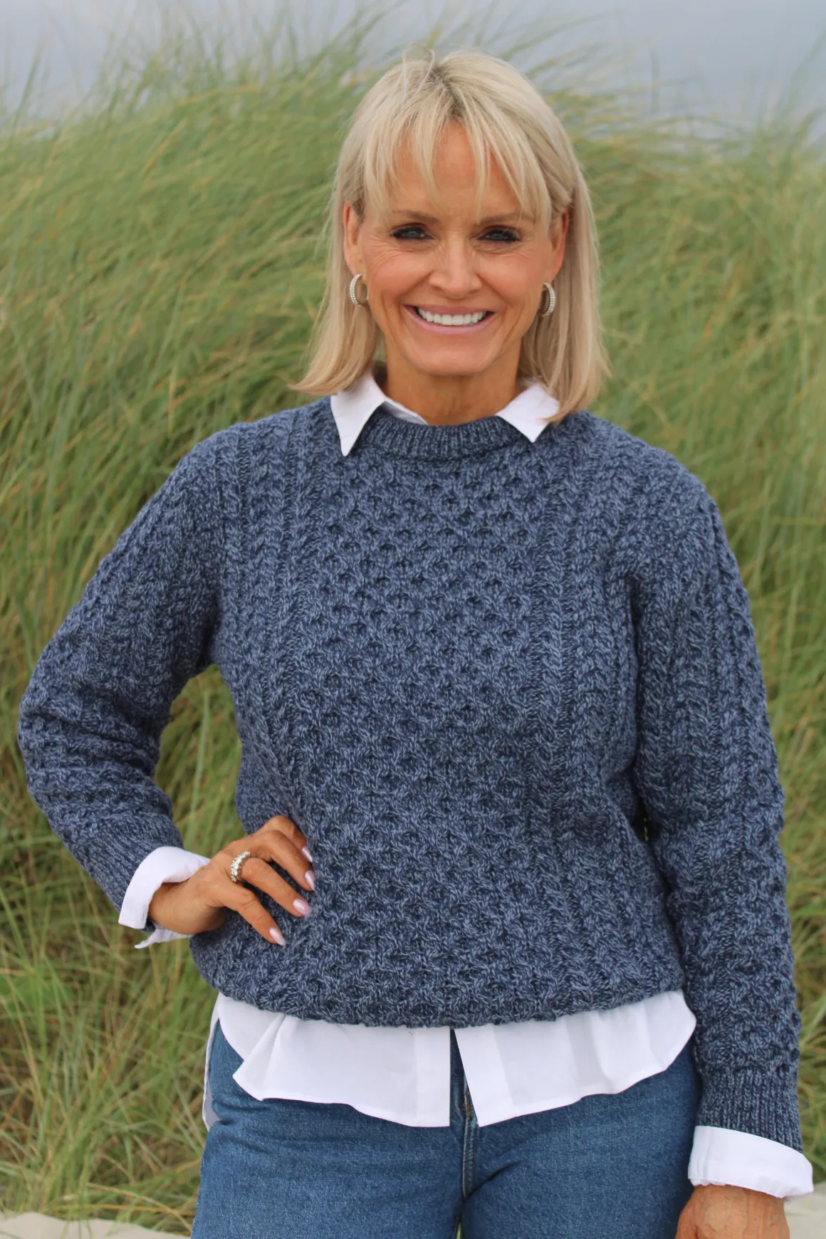 Traditional Aran Crew Neck Sweater - Denim