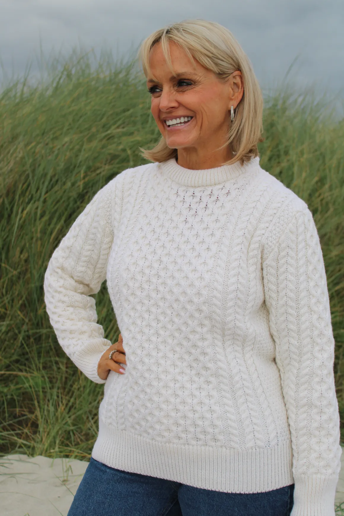 Traditional Aran Crew Neck Sweater - Natural