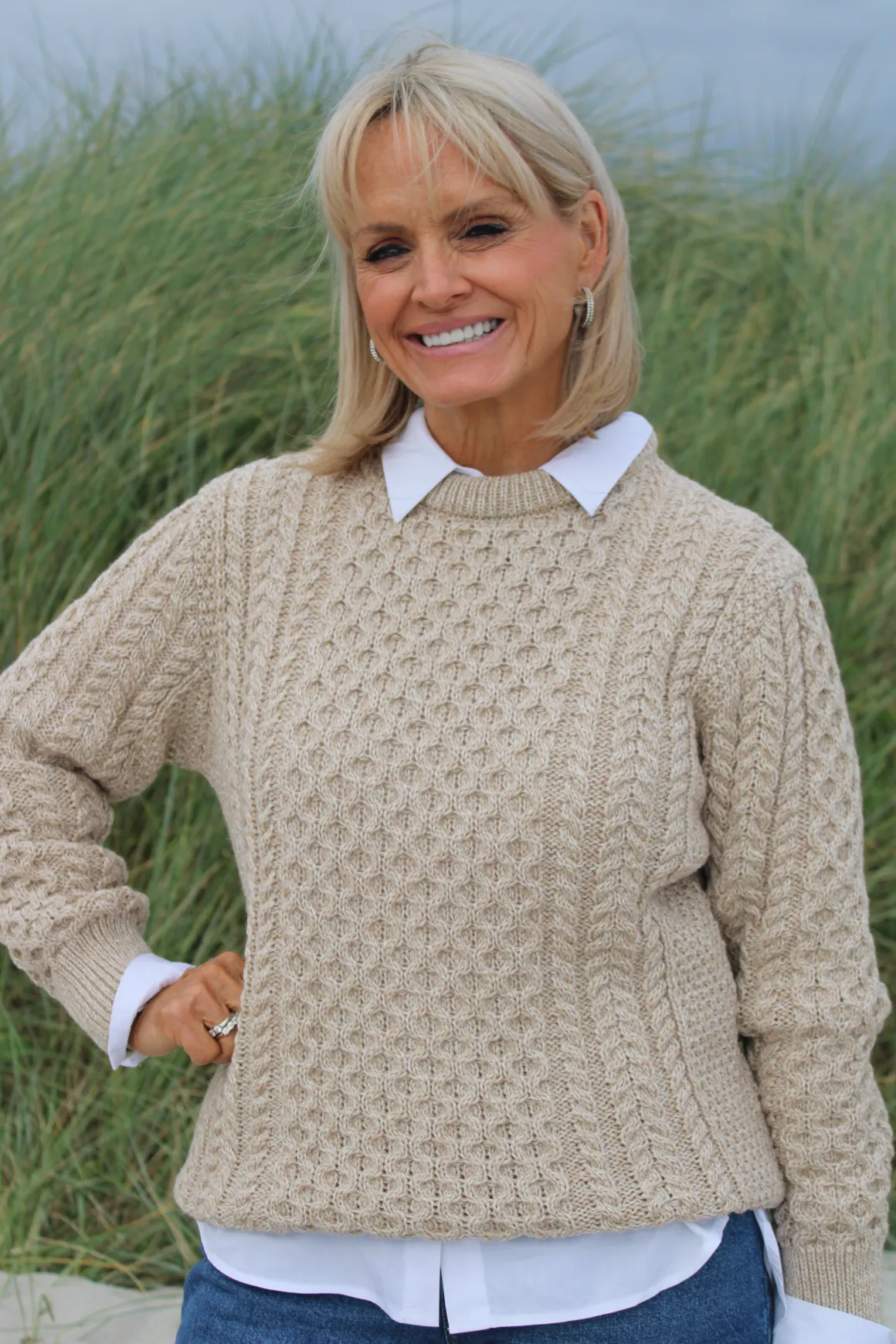 Traditional Aran Crew Neck Sweater - Parsnip